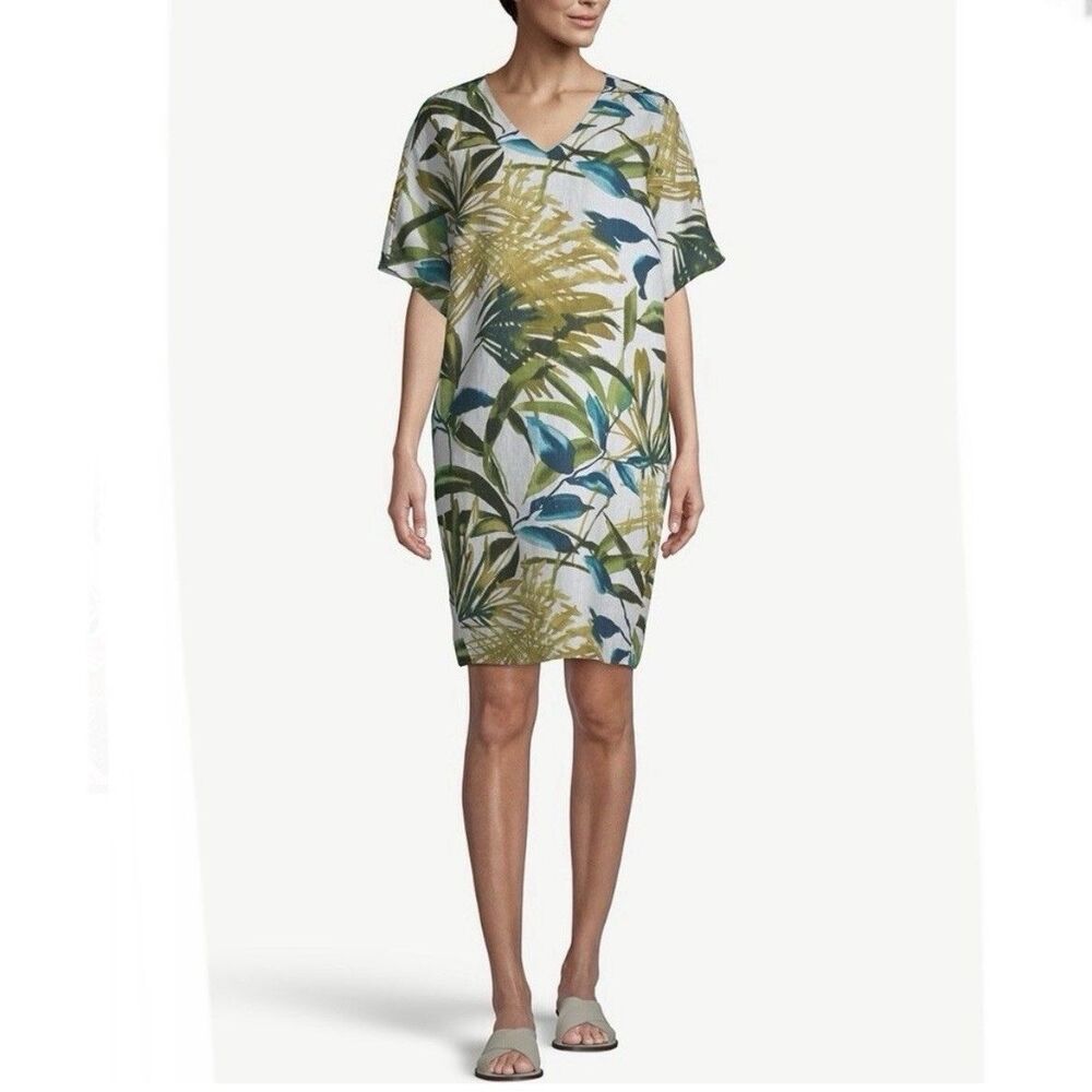 Chico's Linen Palm-Print Tunic Wedge Dress Modern Size 2 XL Boho Resort Women’s